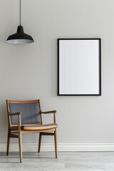 The simulation of a black frame with a white coating contrasts with the plain white wall. and simple furniture,
