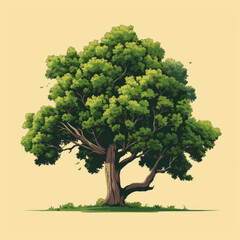 Artistic illustration of a single lush green tree with detailed leaves and branches on a tan background.