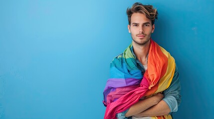 A young man wrapped in a pride flag on a blue background.