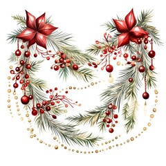 Watercolor christmas wreath with poinsettia and fir branches. Hand painted illustration