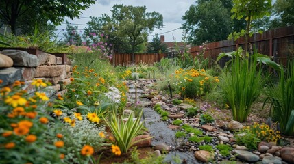 A beautiful garden with a small river and many different flowers.