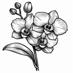 Detailed black and white line drawing of an orchid flower, ideal for floral art themes.