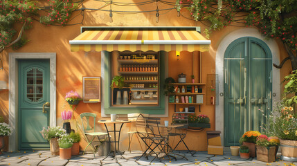 Colorful spring cafe, authentic atmosphere in Italy