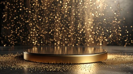 Minimalistic gold podium on a shiny bokeh background. The place for the award.