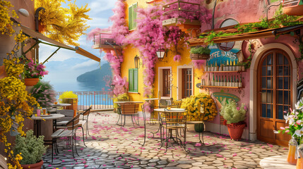 Colorful spring cafe, authentic atmosphere in Italy