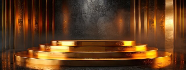 A bright golden podium illuminated by studio light. The place for the award.