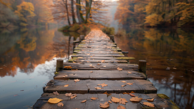 Leading lines, photograph of a weathered wooden bridge stretching across a tranquil river, colorful autumn leaves reflected in the water