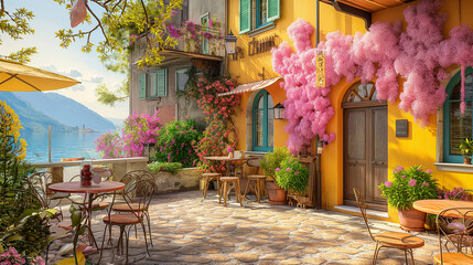 Colorful spring cafe, authentic atmosphere in Italy