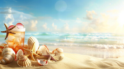 Sand dunes on seaside shells, sandals, sunglasses, cocktail, background, beach