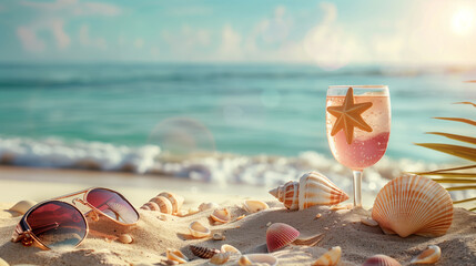 Sand dunes on seaside shells, sandals, sunglasses, cocktail, background, beach