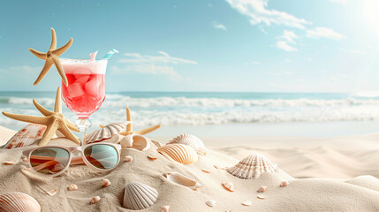 Sand dunes on seaside shells, sandals, sunglasses, cocktail, background, beach
