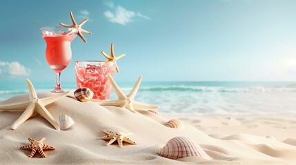 Sand dunes on seaside shells, sandals, sunglasses, cocktail, background, beach