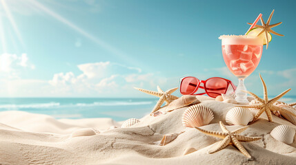 Sand dunes on seaside shells, sandals, sunglasses, cocktail, background, beach