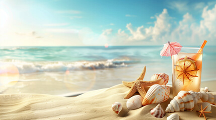 Sand dunes on seaside shells, sandals, sunglasses, cocktail, background, beach