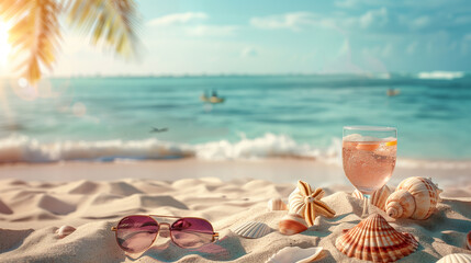 Sand dunes on seaside shells, sandals, sunglasses, cocktail, background, beach