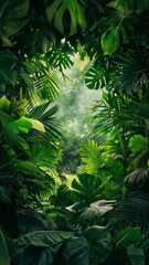Tropical green leaves create a lush and vibrant background