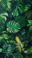 Tropical green leaves create a lush and vibrant background