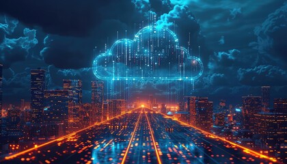 A digital superhighway of information flows through a vibrant city. The data streams from the cloud, represented by a glowing blue cloud, illuminating the cityscape below.