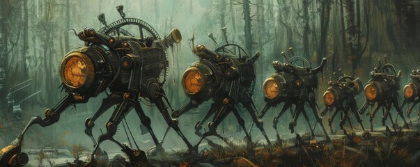 A fantasy scene of clockwork creatures marching in a line, ticking in perfect harmony