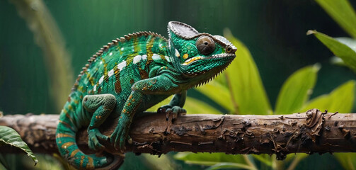 Chameleon green lizard on a branch