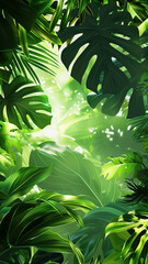 Tropical green leaves create a lush and vibrant background
