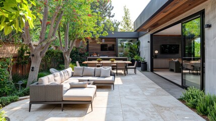 Fototapeta premium The image shows a modern house with a large glass window looking out onto a patio with a seating area and a dining area. The house is surrounded by trees and plants.