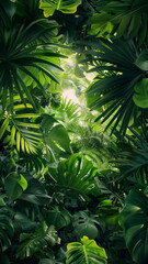 Tropical green leaves create a lush and vibrant background