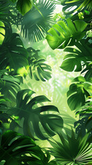 Tropical green leaves create a lush and vibrant background