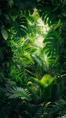 Tropical green leaves create a lush and vibrant background
