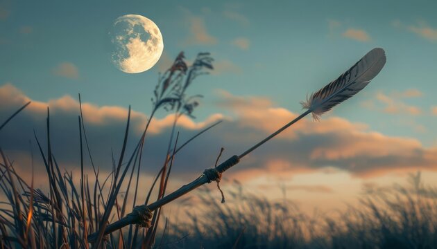 A feather tied to a wooden arrow pointing toward the moon, guiding the way for those who follow it