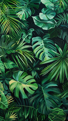 Tropical green leaves create a lush and vibrant background