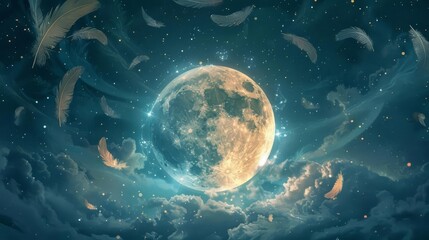 A glowing moon encircled by floating feathers that shimmer in a night sky filled with stars