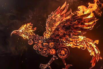 A mechanical phoenix made of iron and gears, flames burning within its core as it takes flight
