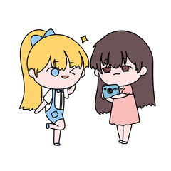 Two cartoon girls are posing for a picture