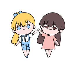 Two cartoon girls are holding hands
