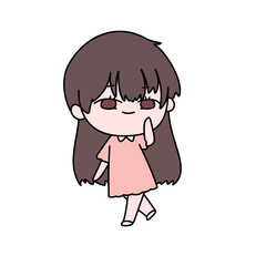 A cartoon girl with long hair and a pink dress is walking