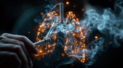 Smoker hand holding a smoking cigarette next to lungs full of smoke representing the danger of smoking for health.