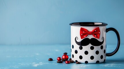 White polka dot mug with black mustache and red bow tie on blue background. - Powered by Adobe
