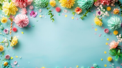 3D rendering of paper flowers and confetti on a blue background.