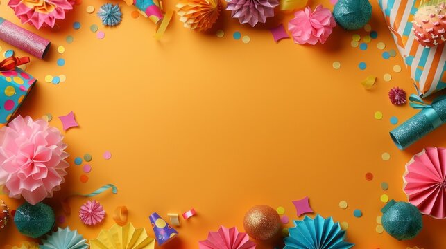 Colorful party items frame an inviting space for your message.