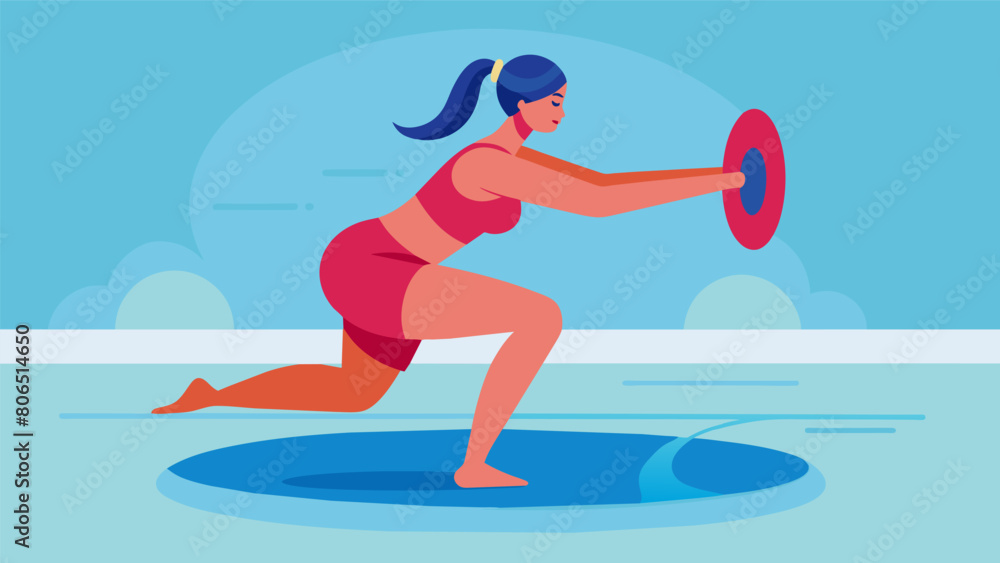 Aufkleber a woman holding onto a pool noodle and using it to perform squats and lunges in the deeper end of a 