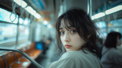 En route to work, a young Asian woman with long hair appears lost in thought aboard a subway train, with other passengers blurred around her.