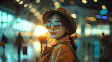Obraz premium A fashionable young woman wearing a hat and round sunglasses stands in a busy airport terminal, bathed in golden light.