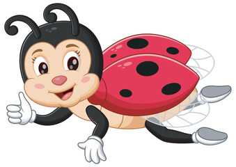 Cute Ladybug Cartoon Flying Give a Thumb Up. Animal Nature Icon Concept Isolated Premium Vector. Vector Illustration