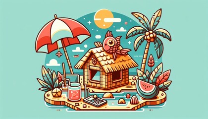 Fototapeta premium Tropical Beach Hut Umbrella Palm Tree Ocean Summer