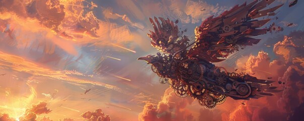 A stylized painting of a clockwork bird with feathers made of metal gears, flying against a sunset sky