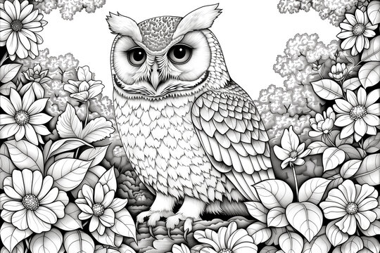A drawing of an owl sitting in a field of flowers
