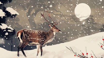 Tranquil Deer Under Falling Snow
