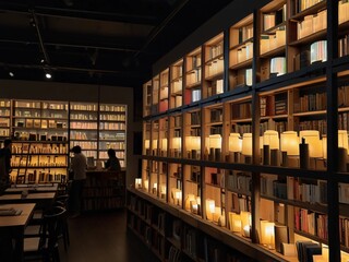 a bustling city bookstore illuminated by the warm glow of lanterns, with stacks of books filling every available space
