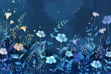 Cartoon cute doodles of mirror world flowers that bloom at night and sleep during the day, emitting soft glow in the darkness, Generative AI